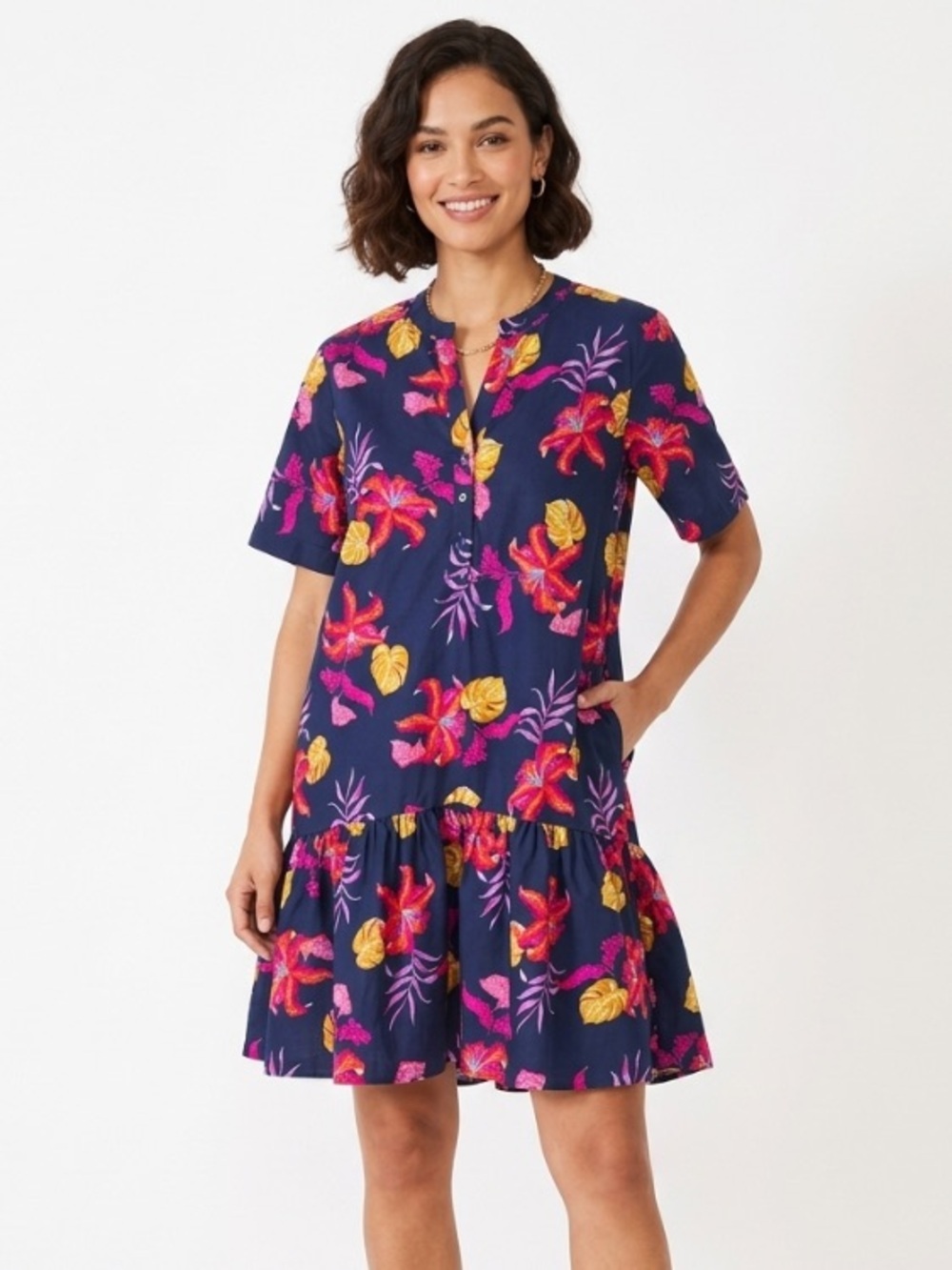 Tucker NYC Laura High Low Ruffle Hem Floral Dress Cotton Poplin Midi Mini Small